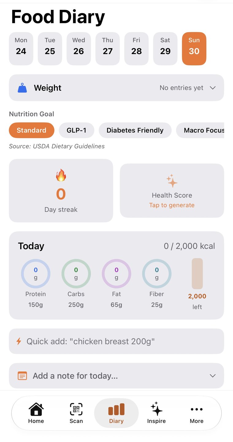 ForkCast Food Diary screen