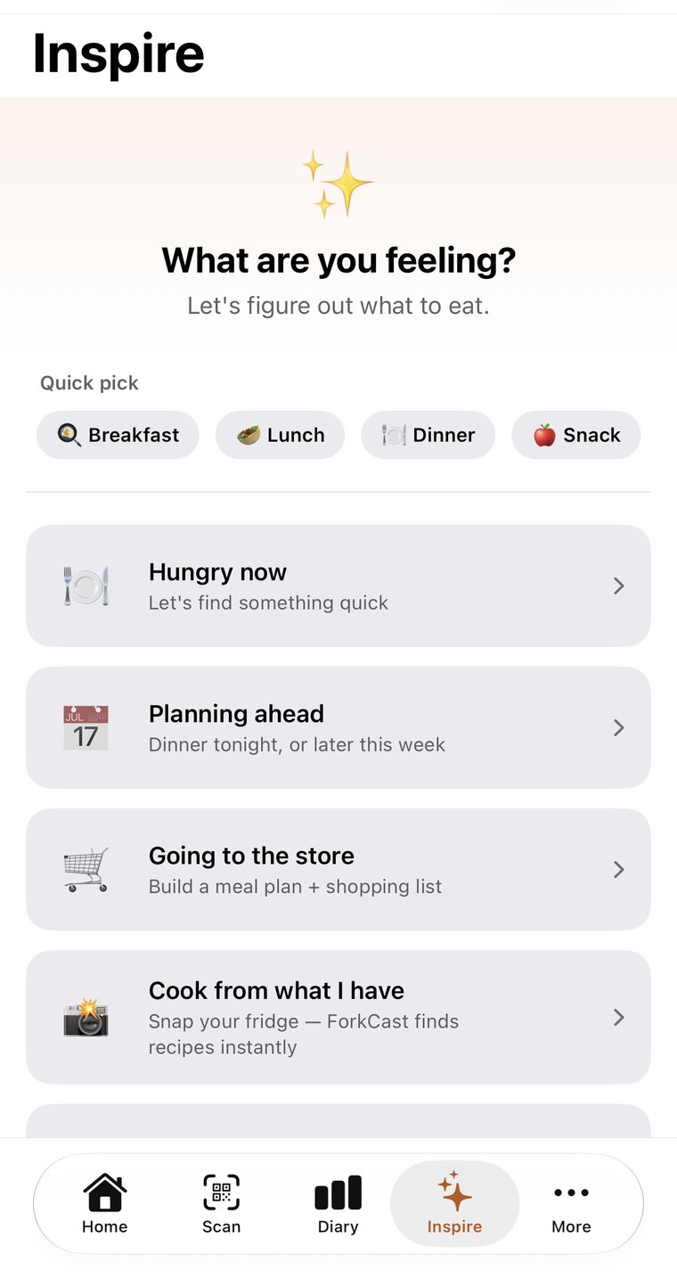 ForkCast Inspire screen — what are you feeling